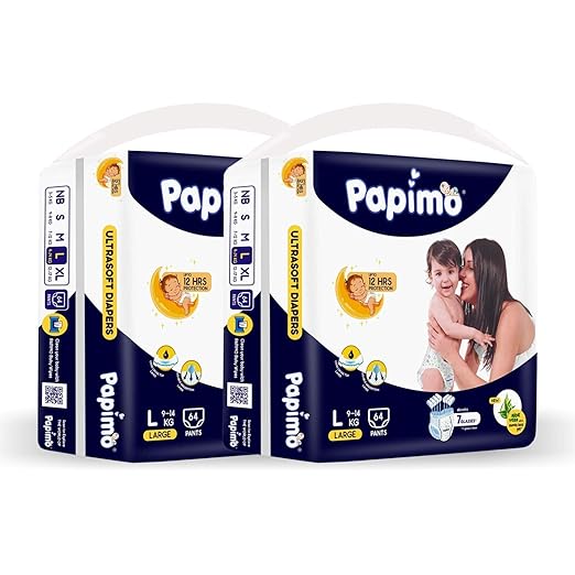 Papimo Baby Diaper Pants with Aloe Vera, Monthly Box Pack, Large (9 - 14 kg), 128 Count