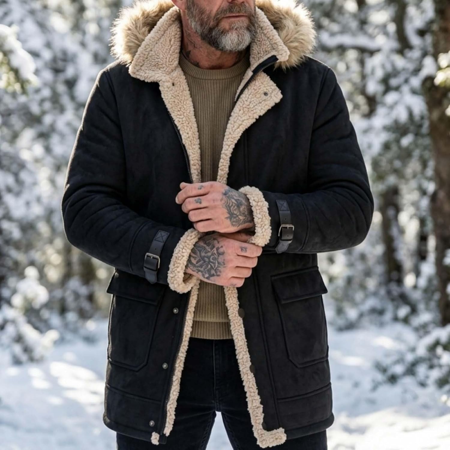 Men's Fuzzy Trim Hooded Jacket Long Sleeve Timeless Longline Coat