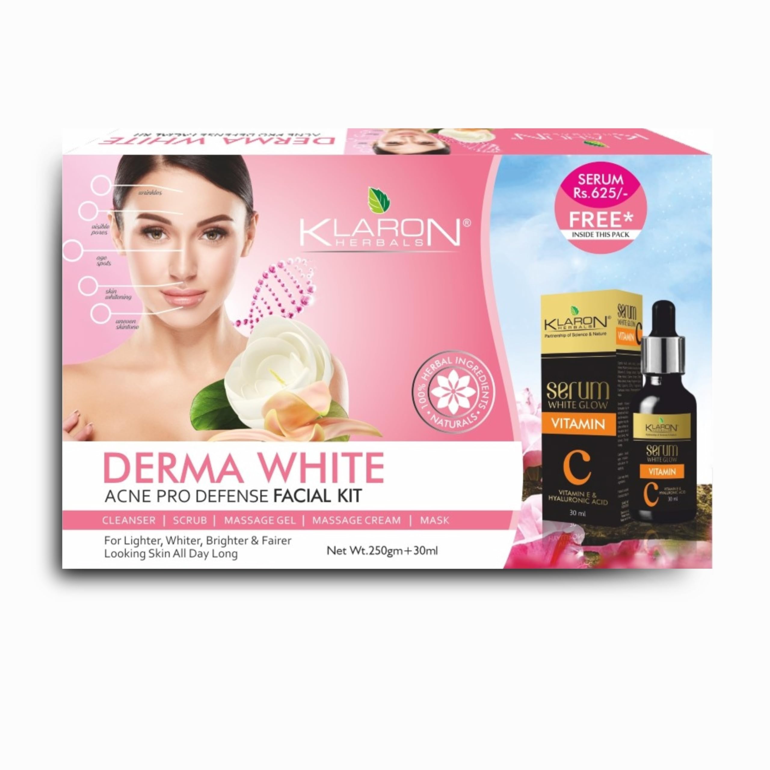 Klaron Derma White Facial Kit - 250 gm + 30 ml Free Vitamin 'C' Face Serum Worth Rs: 625/- | Instant Result | 6 Easy Facial Steps | For all skin types | Multiple use.