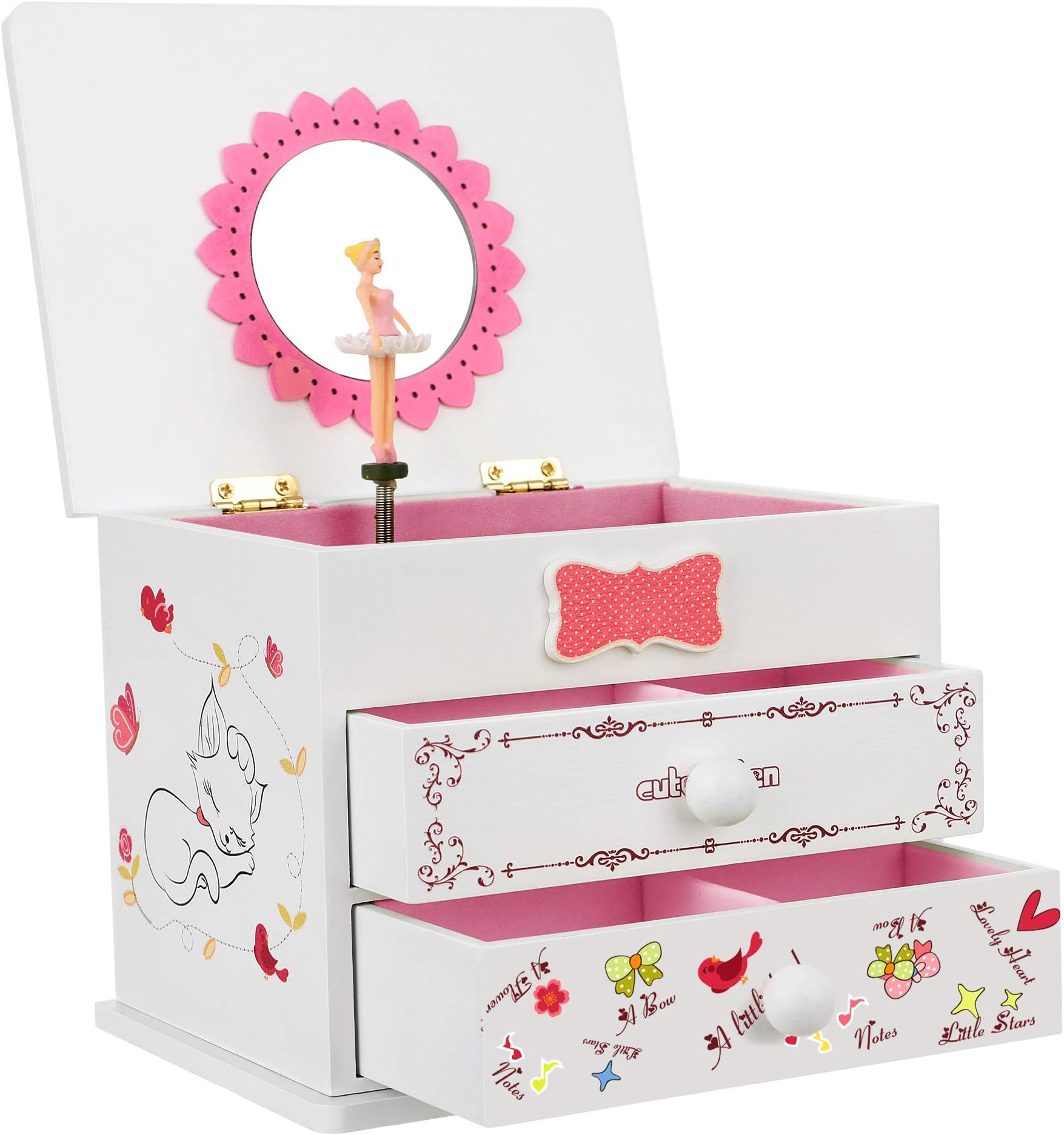 SONGMICS Ballerina Music Jewelry Box for Little Girls, Cartoon Cat, Fur Elise Melody, 5.9"L x 4.5"W x 4.8"H, White