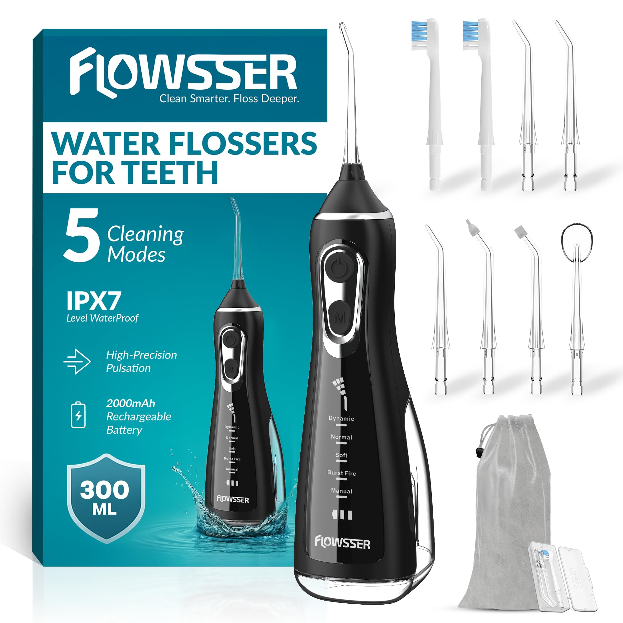 Idropulsore senza fili per denti, 5 modalità, 60 ~ 140 PSI, 8 punte, serbatoio da 300 ml, ricaricabile USB, impermeabile IPX7, irrigatore orale portatile per gengive, bretelle, tonsille, cure