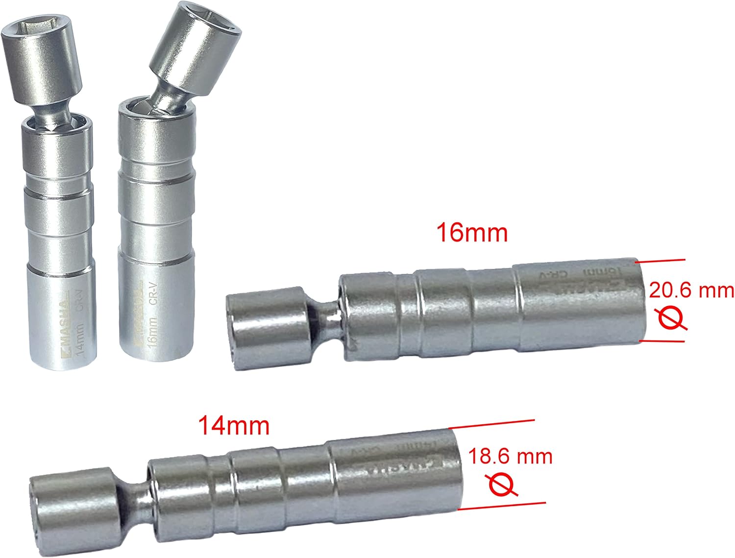 MASHA TOOLS-3/8 Inch Driver Swivel Magnetic Thin Wall 16mm Spark Plug Socket Universal Joint 12PT (16mm)