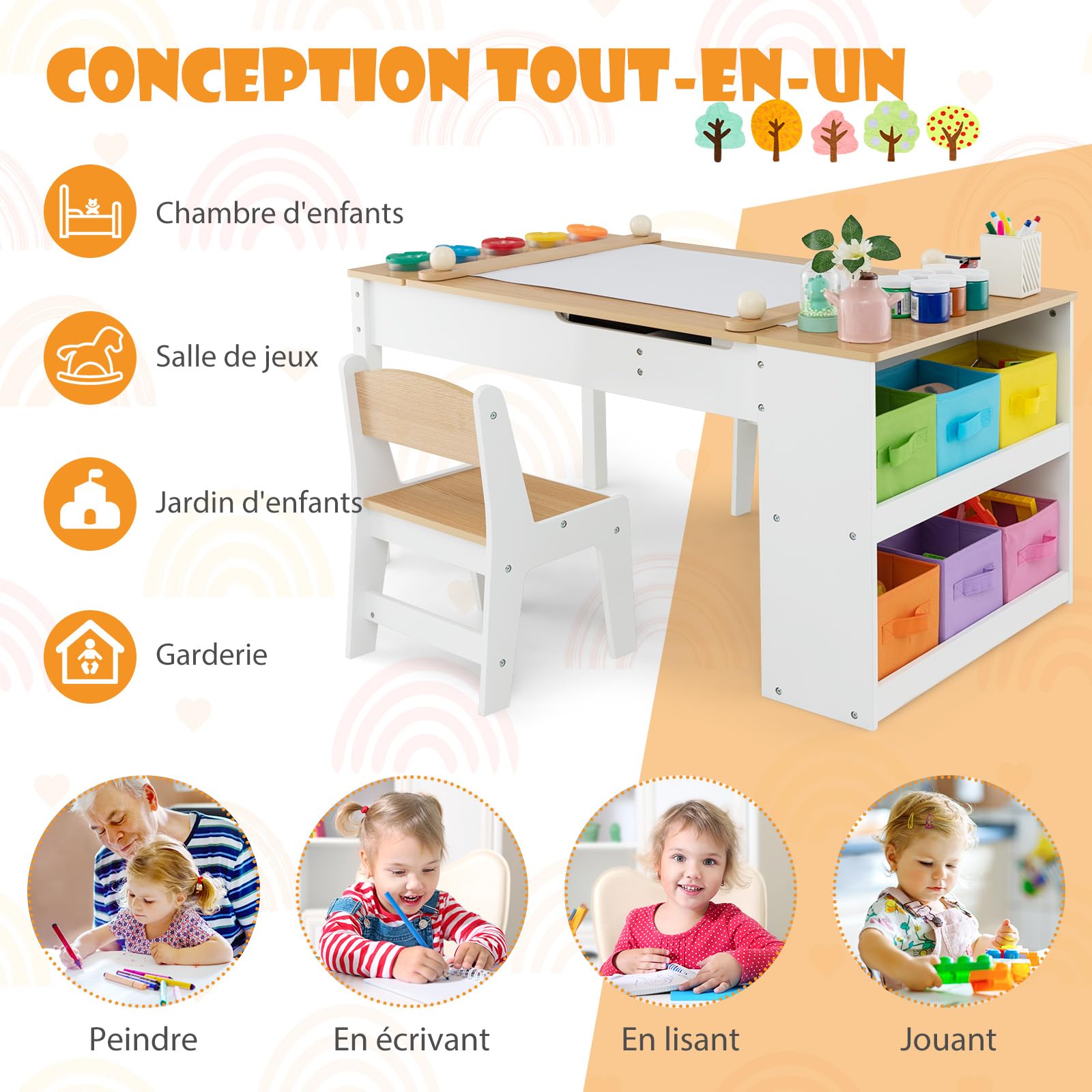 COSTWAY 2 en 1 Table Enfant avec 2 Chaises & Plateau Inclinable, Bureau Enfants en Bois avec 6 Boîtes de Rangement, Charge 91/75kg
