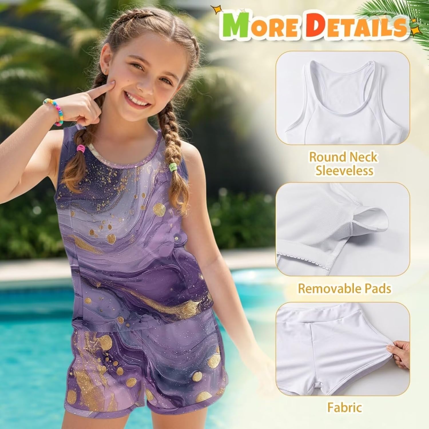 Wanyint Girls Tankini Swimsuit 2 Piece with Removable Pads for Kids Ages 6-15 Bathing Crewneck Tank Top & Swim Shorts Summer
