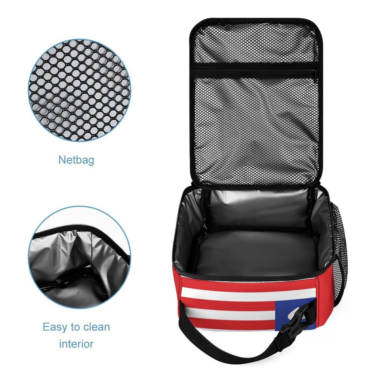 Sac à dos léger avec boîte à lunch, trousse de maquillage et rangements (rouge, bleu, blanc, américain)