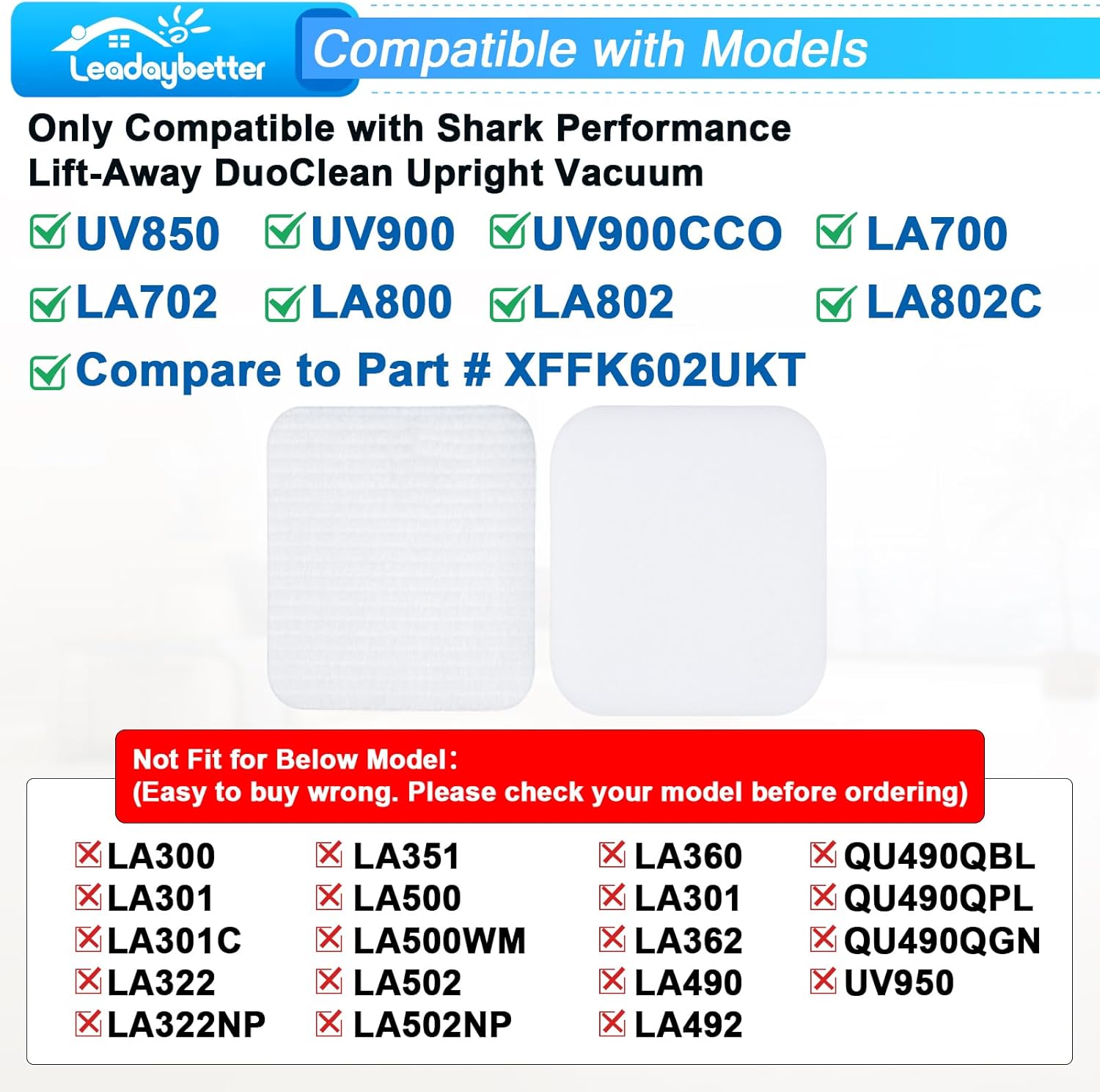 Leadaybetter UV850 UV900 UV900CCO LA700 LA702 LA800 LA802 LA802C Foam Filter Replacement for Shark Performance Lift Away DuoClean PowerFins Upright Vacuum, Compare to Part # XFFK602UKT - Image 2