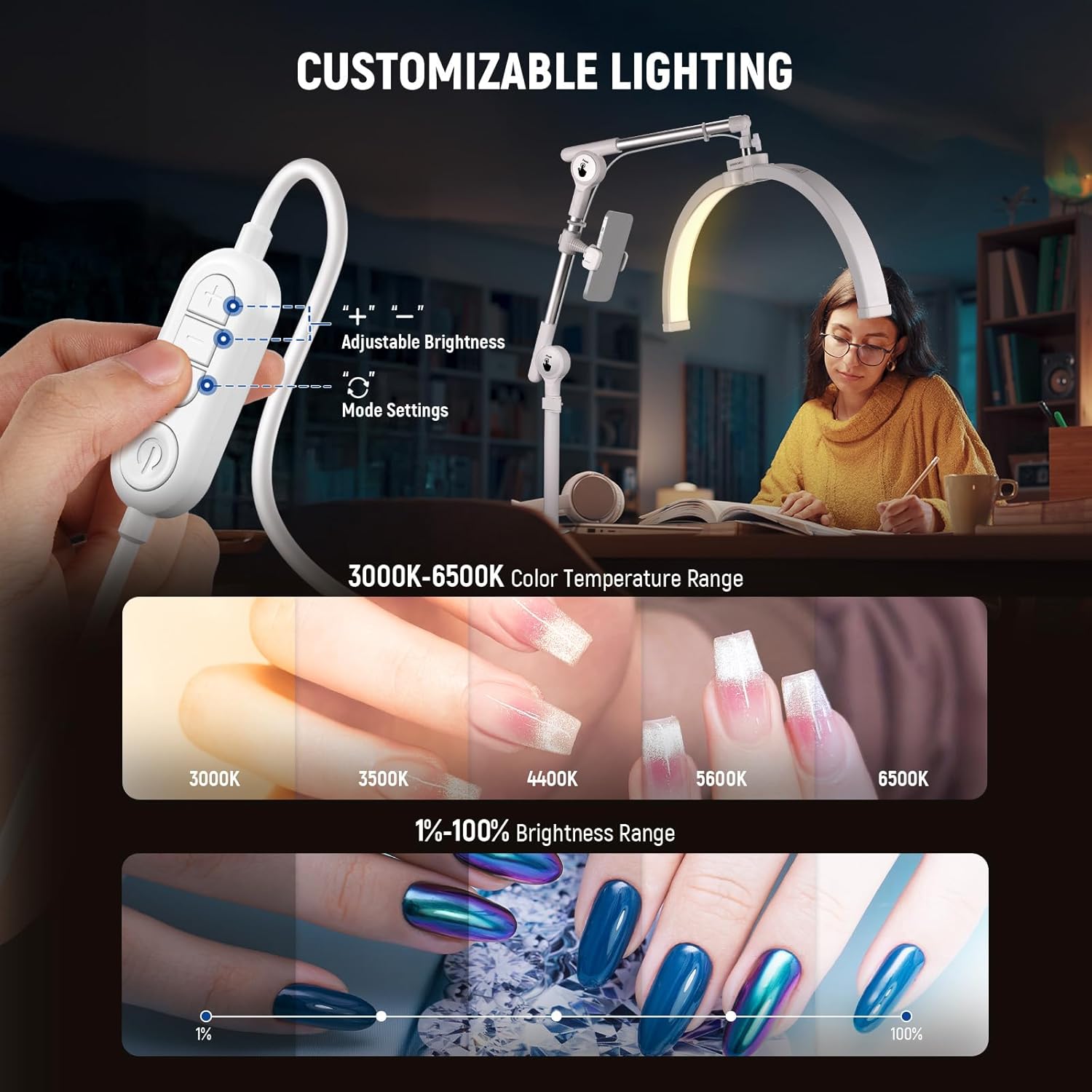 NEEWER Basics 22" Half Moon Lash Light with Articulating Desk Clamp Mount Stand/Phone Holder, 32W Foldable LED Nail Tech Table Arc Lamp for Makeup Beauty Tattoo Overhead Video Recording, HM03-D