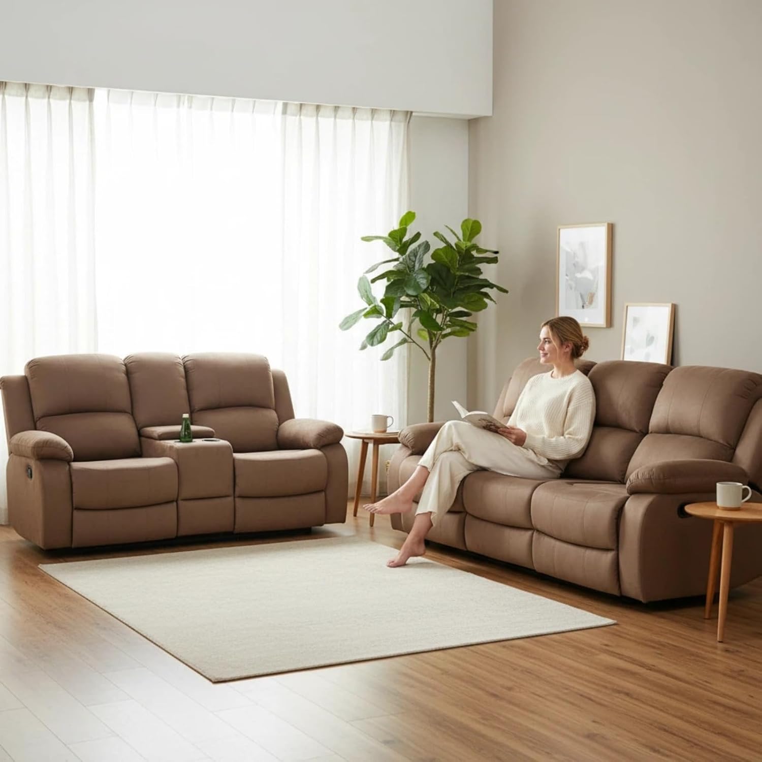 Manual Recliner Sofa Set, Pineapple Velvet Reclining Living Room Furniture Set, Adjustable Backrest Reclining Loveseat Sofa and a 3 Seater Couch Furniture Set for Living Room, Brown