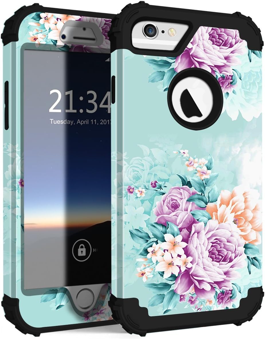 PIXIU Compatible with iPhone 6 6s case,Three Layer Heavy Duty Shockproof Protective Soft Silicone Hard Plastic Bumper Sturdy Case Cover for iPhone 6 6s 4.7 inch Flower