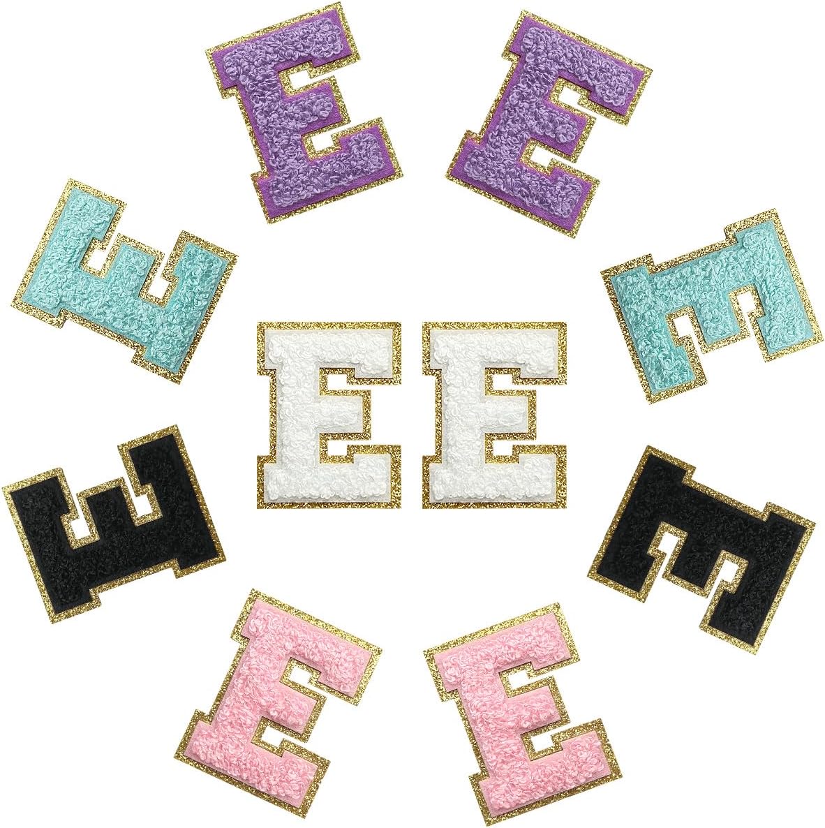 10PCS Self Adhesive Chenille Letter Patches, Colorful Iron on Letter Glitter Patches, E