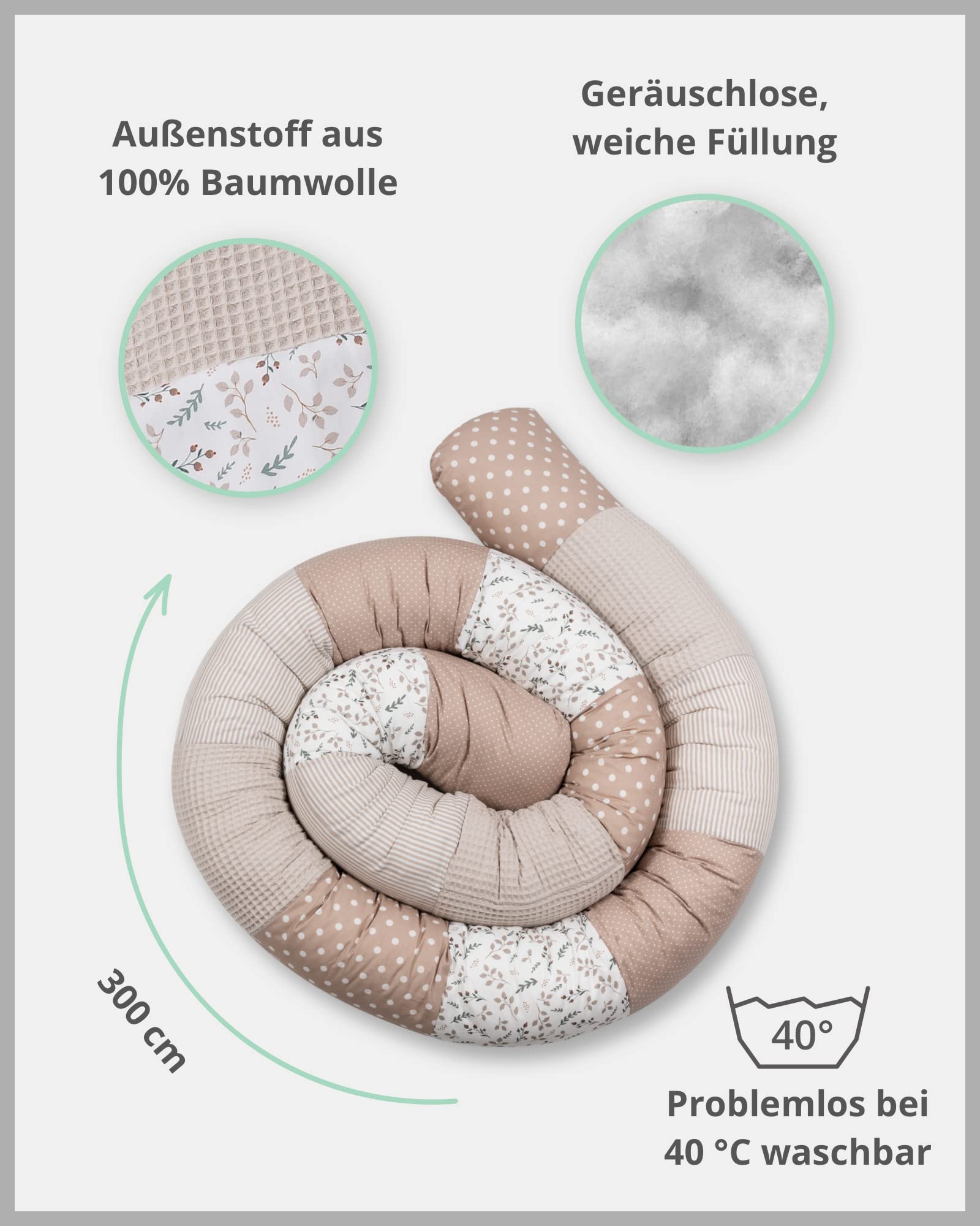 ULLENBOOM Baby Kuschelschlange 300x13 cm Sandblume (Made in EU) - Kuschelschnecke in vielen Farben und Größen, Bezug: 100% Oeko TEX Baumwolle
