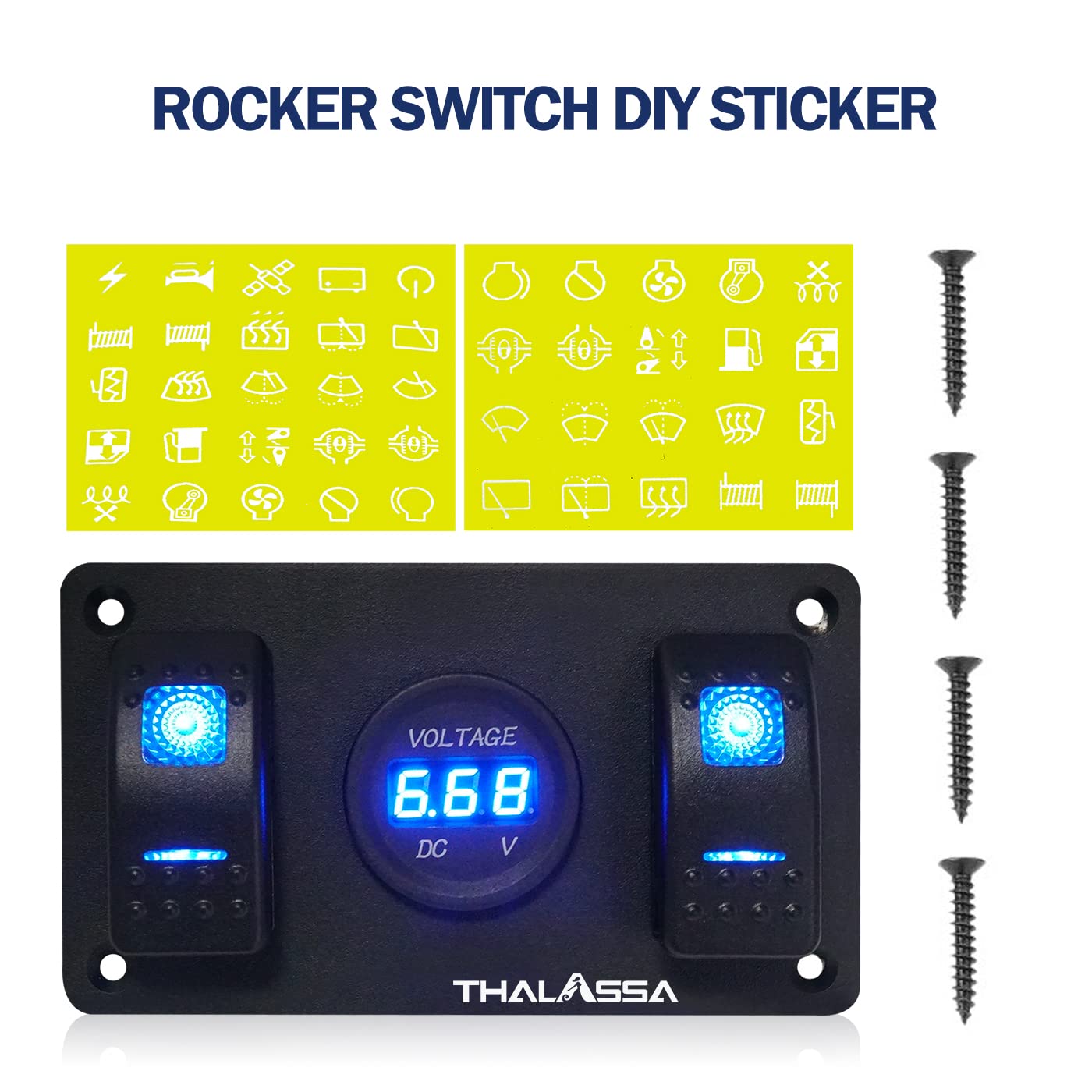 THALASSA Marine Boat Rocker Switch Aluminum Panel Waterproof with 2 Gang Blue LED On-Off Switches, and Digital Voltage Display, Work with Car, Truck, Rv Vehicles, Yacht, Van, Caravan, Camper