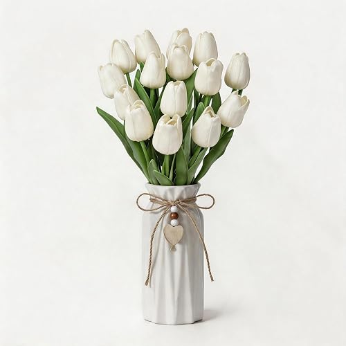 Artificial Tulip Flower Arrangement in Ceramic Vase with Rustic Heart Charm, 15 PCS PU Real Touch Faux Floral Table Centerpiece for Home, Dining Table, Wedding Décor, White