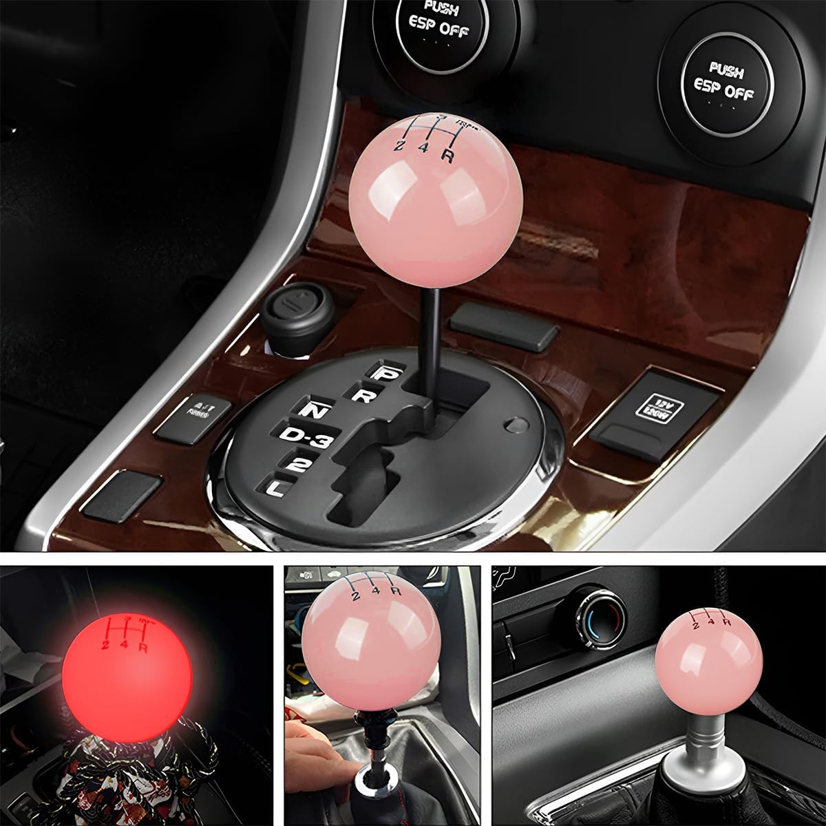 BESULEN Car Gear Shifter Head, Resin 5 Speed Shifter Knobs with 3 Adapters, Luminous Gear Shift Knob, Round Ball Gear Shift Grip Handle Replacement Fit Regular Car Transmissions (Red)
