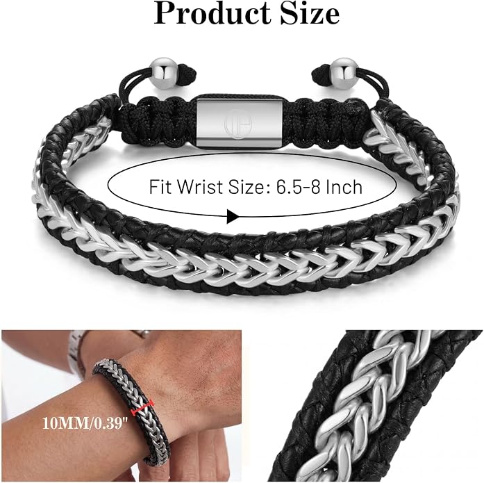 Pulsera de cuero trenzado para hombre con acero inoxidable miniatura 4