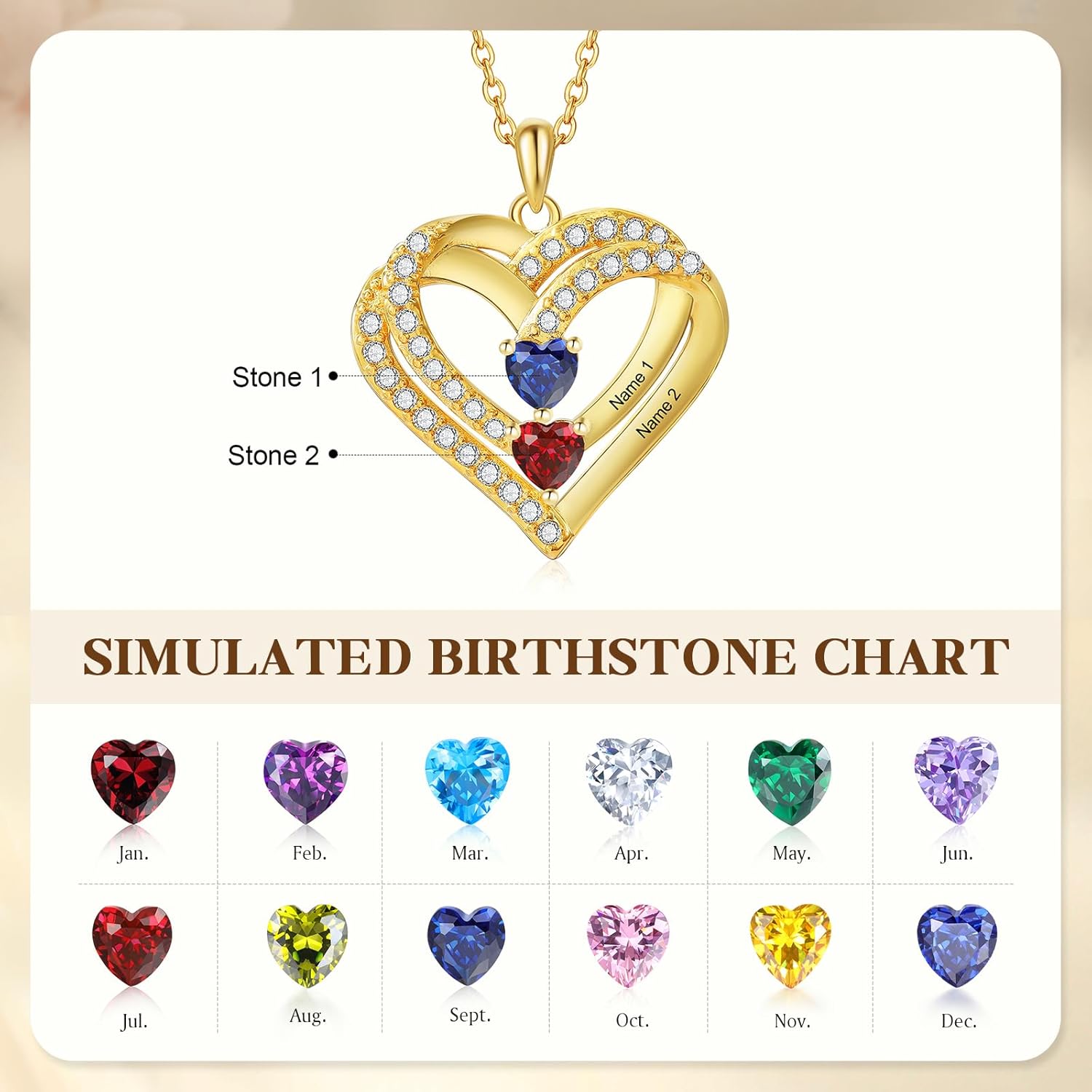 Jeweidea Personalized Birthstone Name Necklace for Women - Custom Heart Pendant Christmas Jewelry Gift for Mom, Wife, Grandma