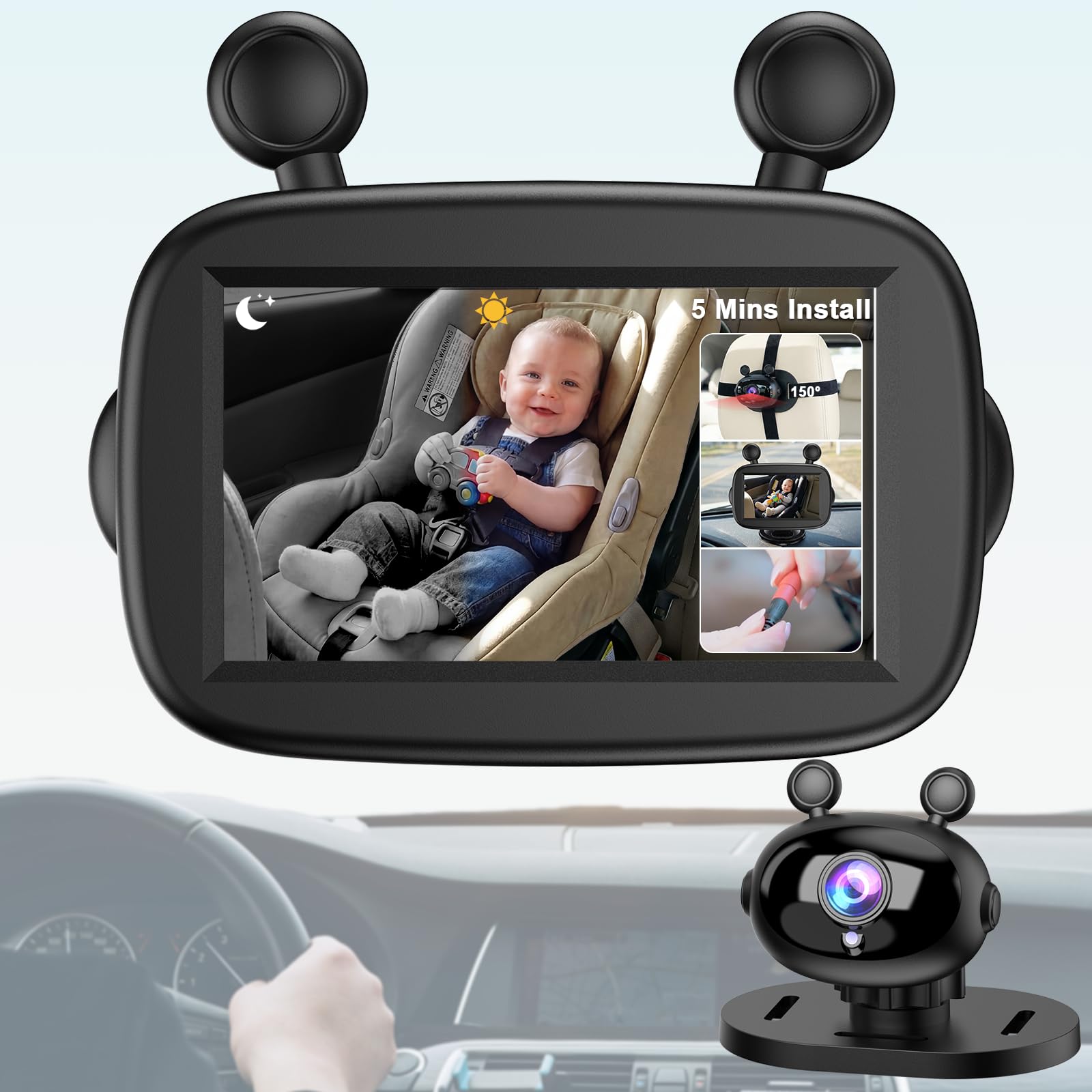 Baby Car Seat Camera - 5 Mins Easy to Install HD 1080P Auto Night Vision Display - 150° Wide Angle Camera for Full Backseat View - Brightness Adjustment for Infant & Kid Safety(Ages 0-5)