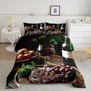 Manfei Red Wine Comforter Set Twin Size 2 Pcs,Rustic Farmhouse Style Brown Wooden Table Bedding Set,Romantic Dinner Beef Fruits Wine Time Quilt Set for Child Bedroom,1 Pillowcase