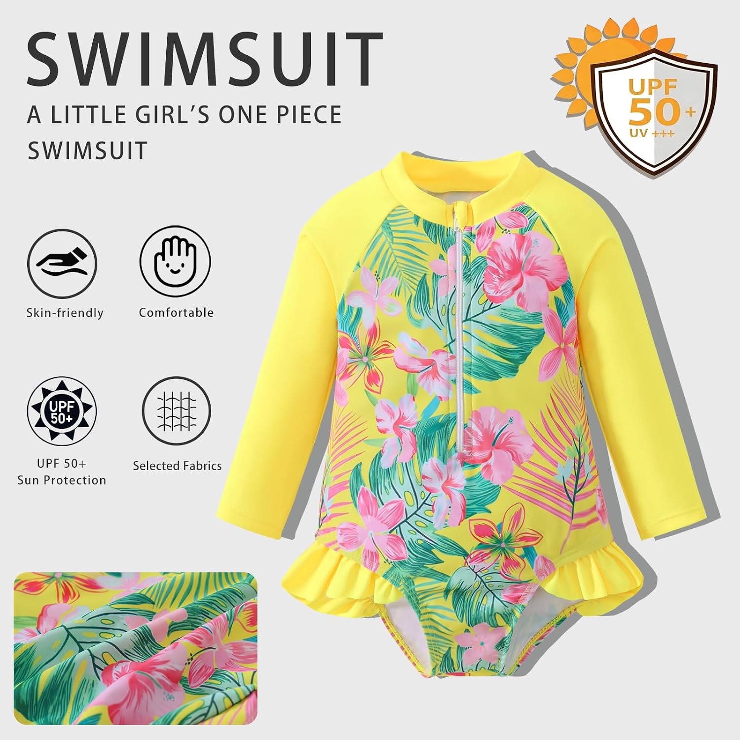 Baby Girls UPF 50+ Sun Protection Floral Printed Long Sleeve One Piece Rash Guard Swimsuit with Zipper