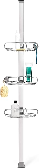 simplehuman BT1109 Medium Tension Shower Caddy, Telescopic Corner Bathroom Shelf Storage Organiser, Extends 1.5m to 2.4m, Easy to Install, No Drilling, Rustproof, Adjustable Shelves, Storage Hooks