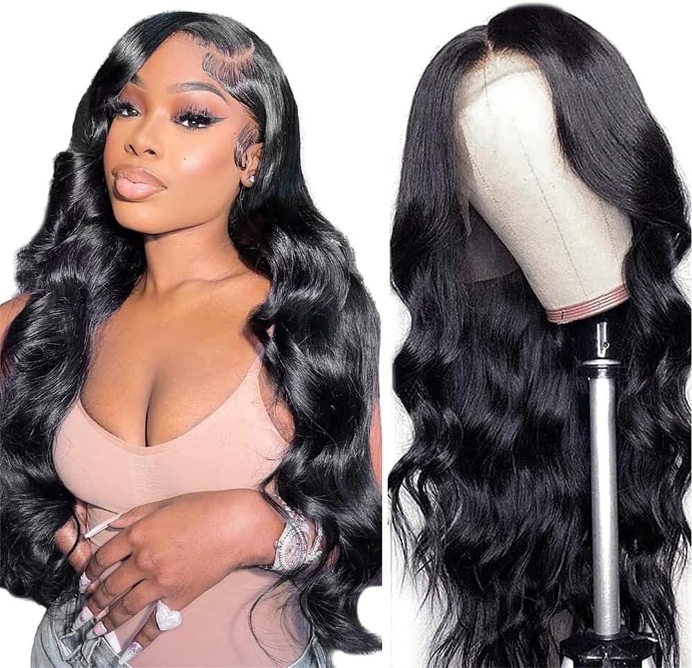 Lace Front Wigs Human Hair Pre Plucked 180 Density 26 Inch HD Body Wave Wig, 10A Frontal Wig, Black