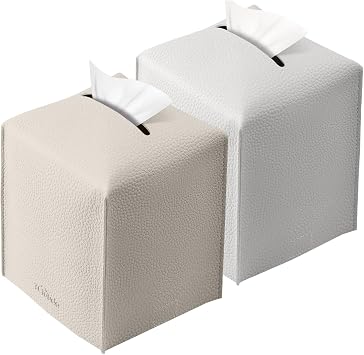 Tissue Box Cover, Tclouda, Modern PU Leather Square Tissue Box Holder for Creative Decorative, 2 Pack, Ideal for Bathrooms/Office/Nightstand Tent/Dining Table, 5"X5"X5", White&Off-White