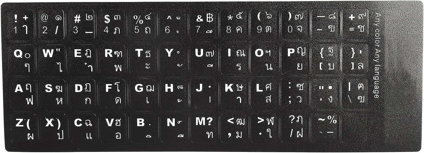 Thai Keyboard Stickers, PVC Thai-English Keyboard Replacement Decals with White Font on Black Background Fits 10in to 17in Notebook Keyboards