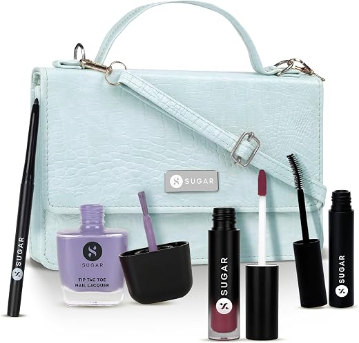 SUGAR Cosmetics Makeup Kit, Intense Kajal + Lengthening Mascara + Lip Cream + Nail Lacquer with Sling Bag