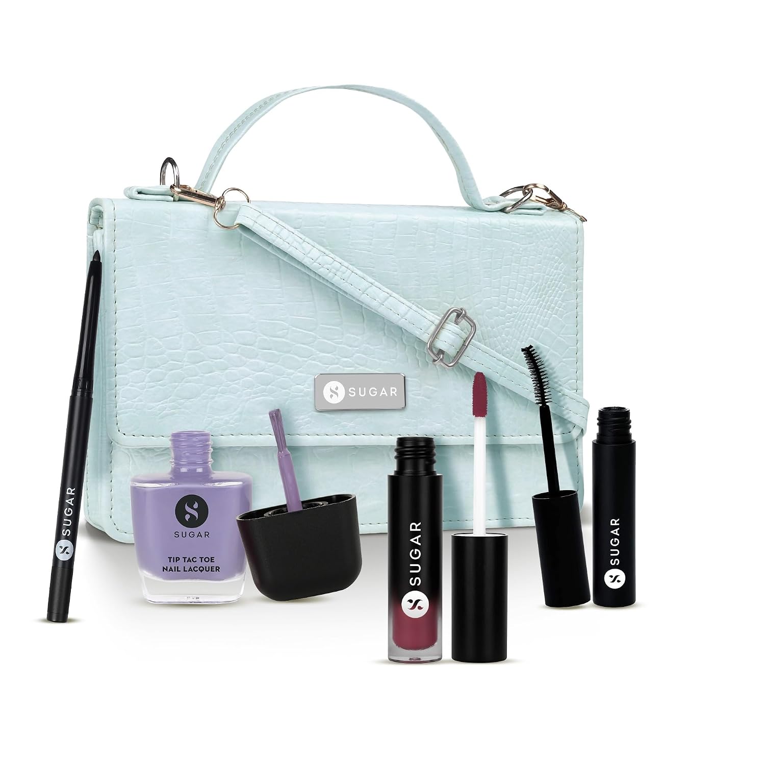 SUGAR Cosmetics Makeup Kit, Intense Kajal + Lengthening Mascara + Lip Cream + Nail Lacquer with Sling Bag