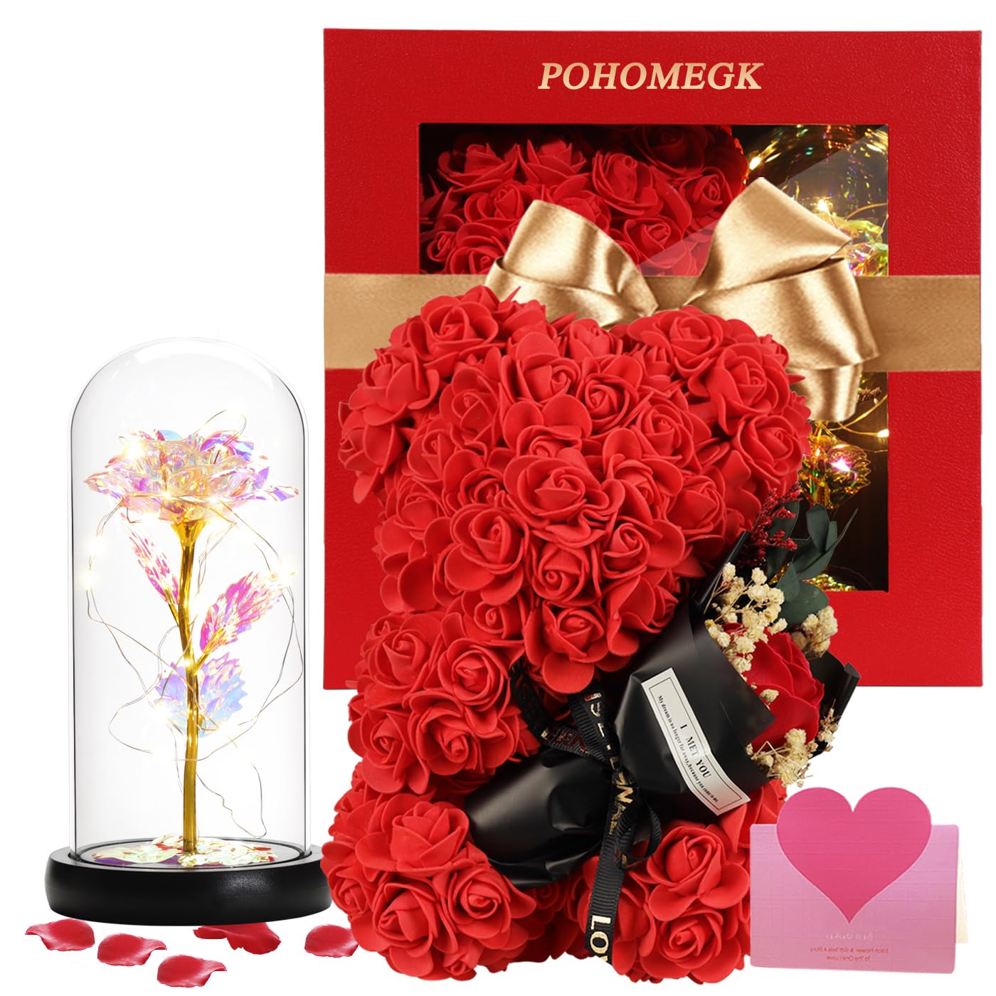 Pohomegk Women's Red Rose Box Rose Bear For Grandmothers, And Mothers-In-Law—Preserved Flower Gift Box, Birthday Surprise, Luxury Artificial Rose Lamp Gift Set, Perfect Anniversary Choice
