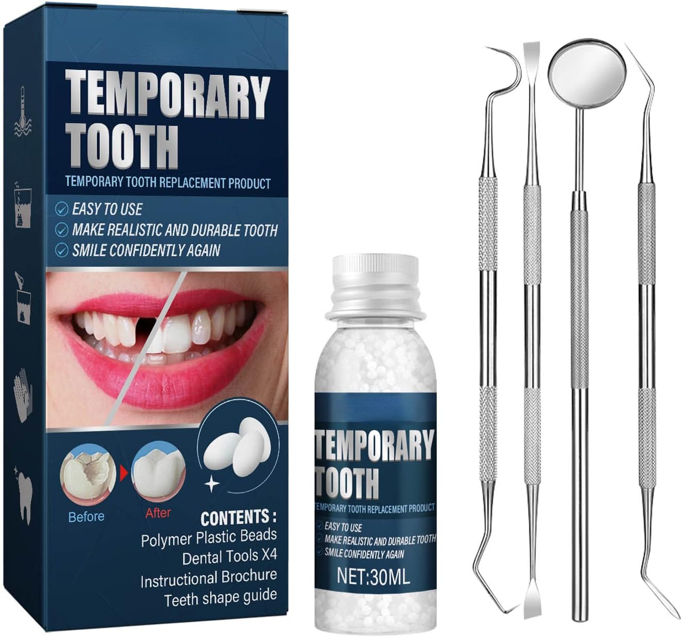 1 set Teeth Repair Kit, Temporary Teeth replacement kit, Moldable False Teeth, Thermal Fitting Beads for Snap On Instant and Confident Smile, with Mouth Mirror, Mouth Helper needle, Dental Probe