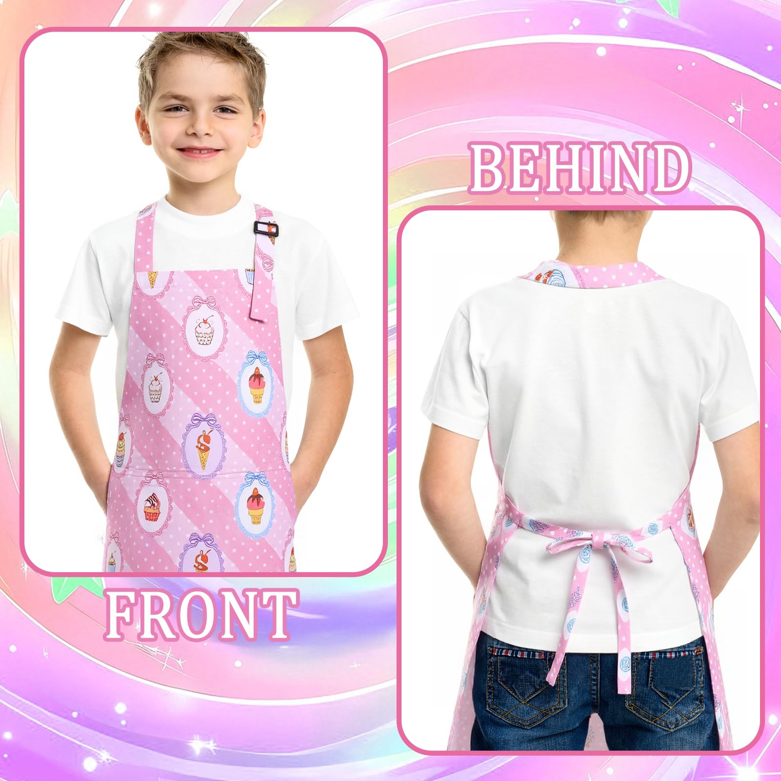 saerryor Apron and Chef Hat for Kids Adjustable Children's Apron with 2 Pockets for Kitchen Cooking Baking Painting Gardening,Cute Cartoon Gift for Boys Girls,L - Image 4