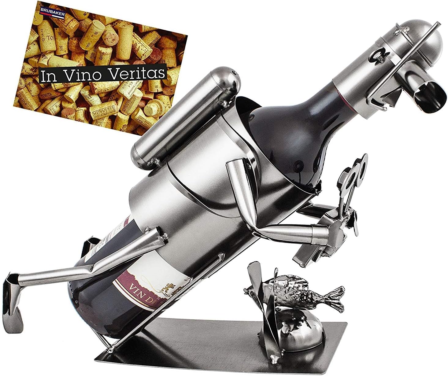 BRUBAKER Wine Bottle Holder Diver with Camera - Metal Sculpture - Wine Rack Decor - Tabletop - with Greeting Card