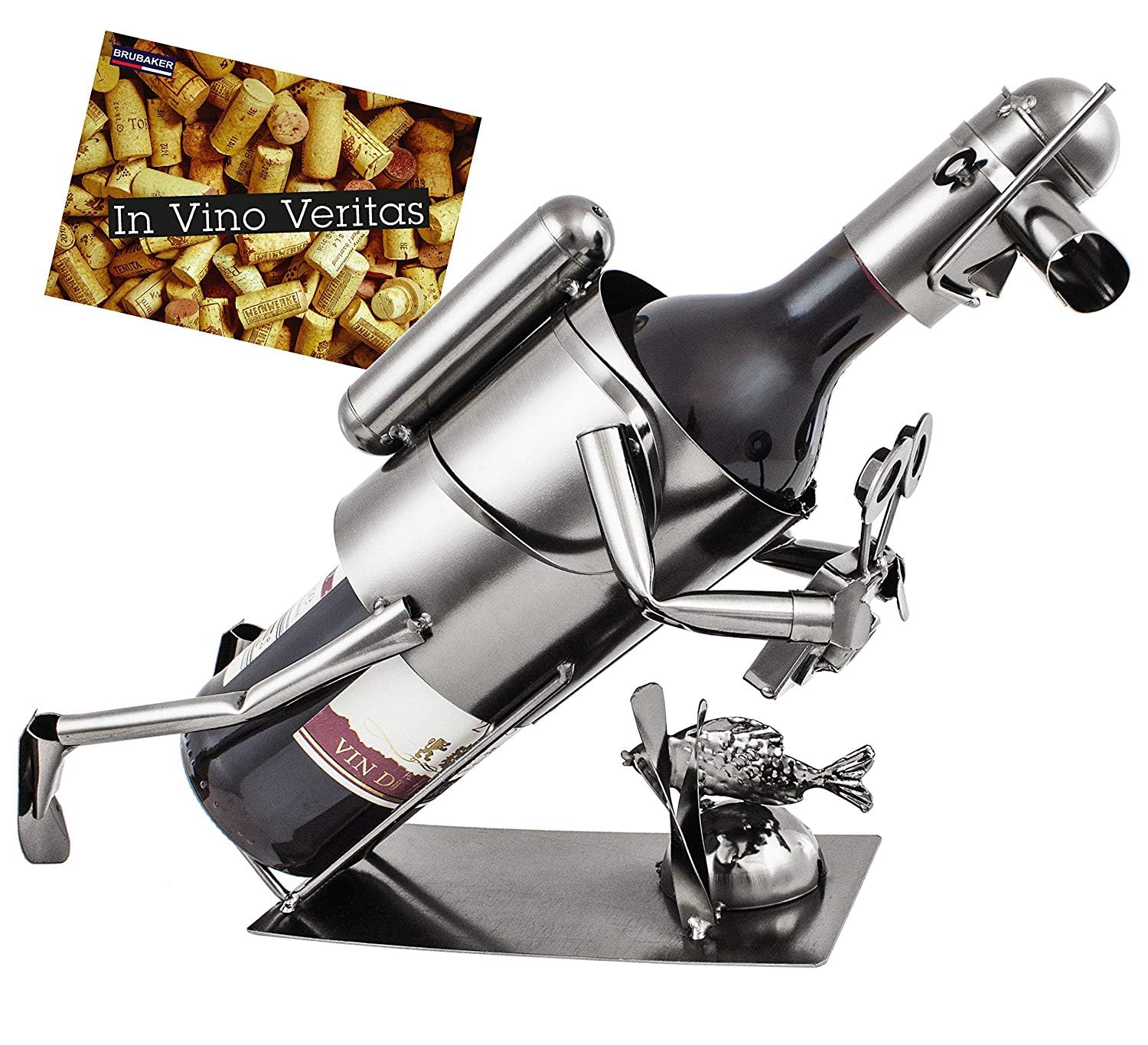 BRUBAKER Wine Bottle Holder Diver with Camera - Metal Sculpture - Wine Rack Decor - Tabletop - with Greeting Card