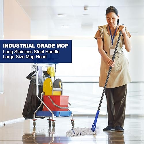 Miniatura 6 de Trapeador industrial comercial de alta resistencia con 2 cabezales de fregona adicionales de repuesto, mopa húmeda de algodón de 59 pulgadas para