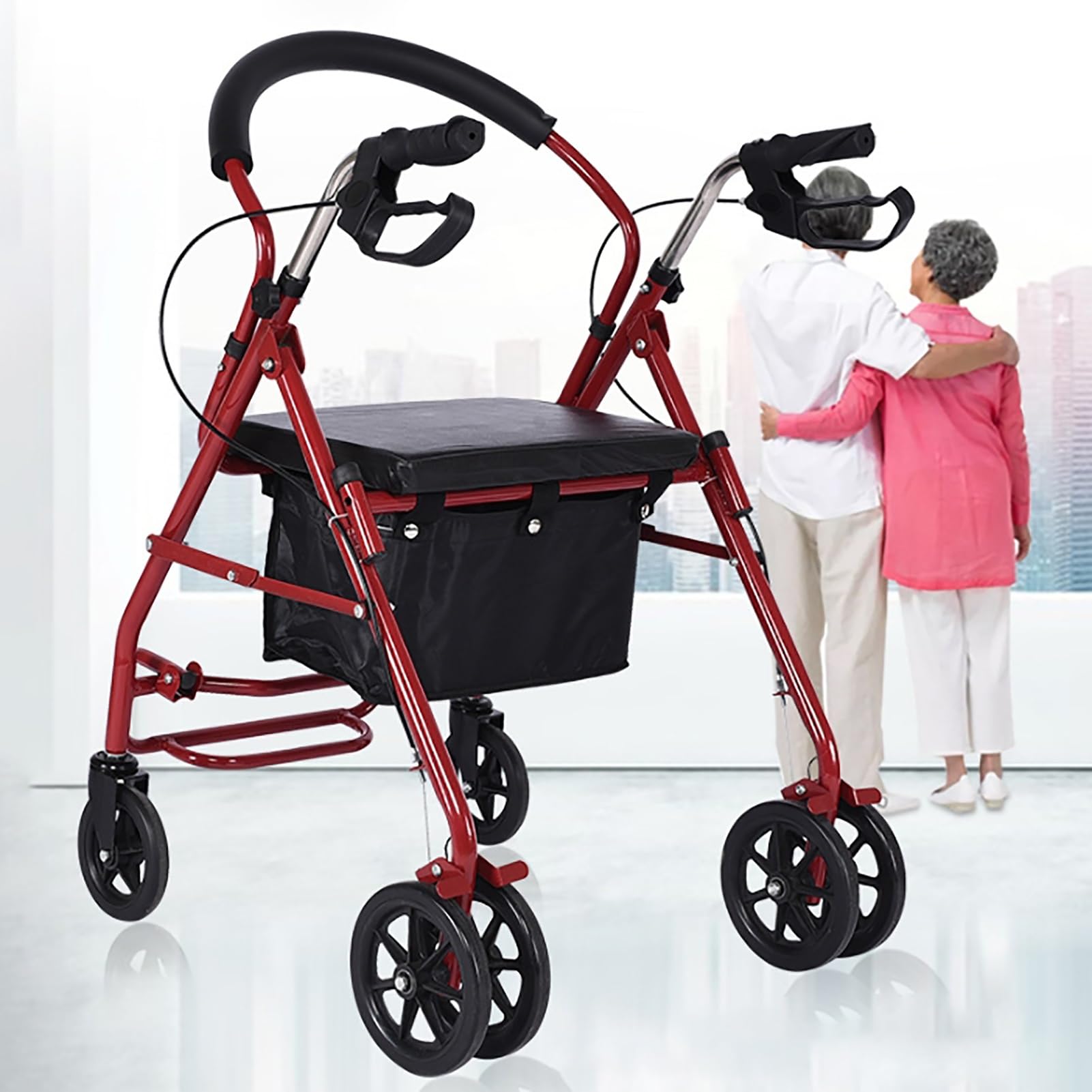 Andador de pie Ajustable, Andador Vertical de Cuatro Ruedas para Personas Mayores con Asiento y Cesta de Almacenamiento, 61 x 68 x 85 cm/24,02 x 26,77 x 33,46 Pulgadas, Rojo