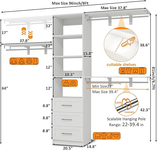 Miniatura 3 de Sistema de armario de 96 pulgadas con cajones de madera, sistema organizador de armario de 5 pies a 8 pies con torre de estantes, sistema de armario