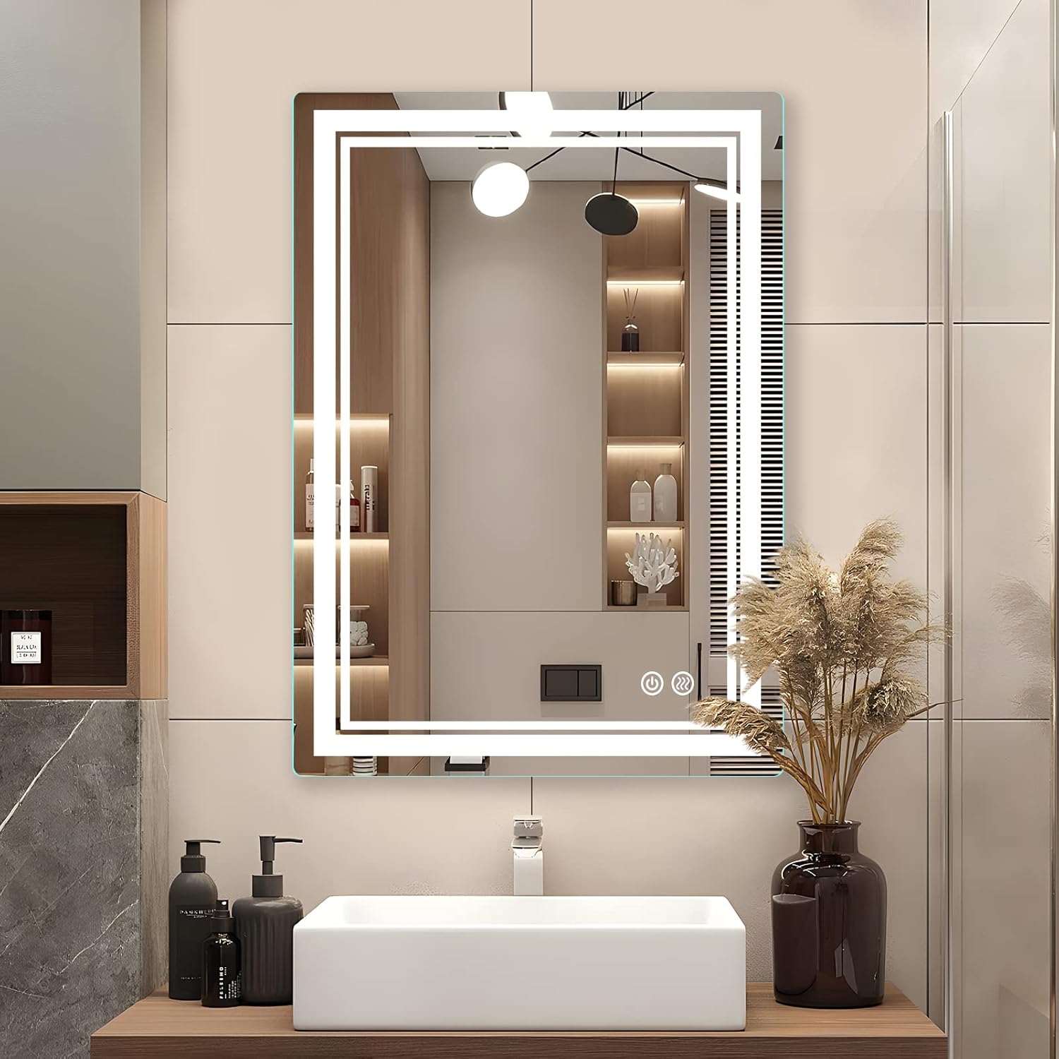TATU LED Lighted Mirror, 20x28 Inch Bathroom Vanity Mirror Wall Mounted with 3000K/4000K/6000K Adjustable, Anti-Fog, Smart Touch Button, Stepless Dimmable Makeup Mirror, Horizontal/Vertical 28x20 inch