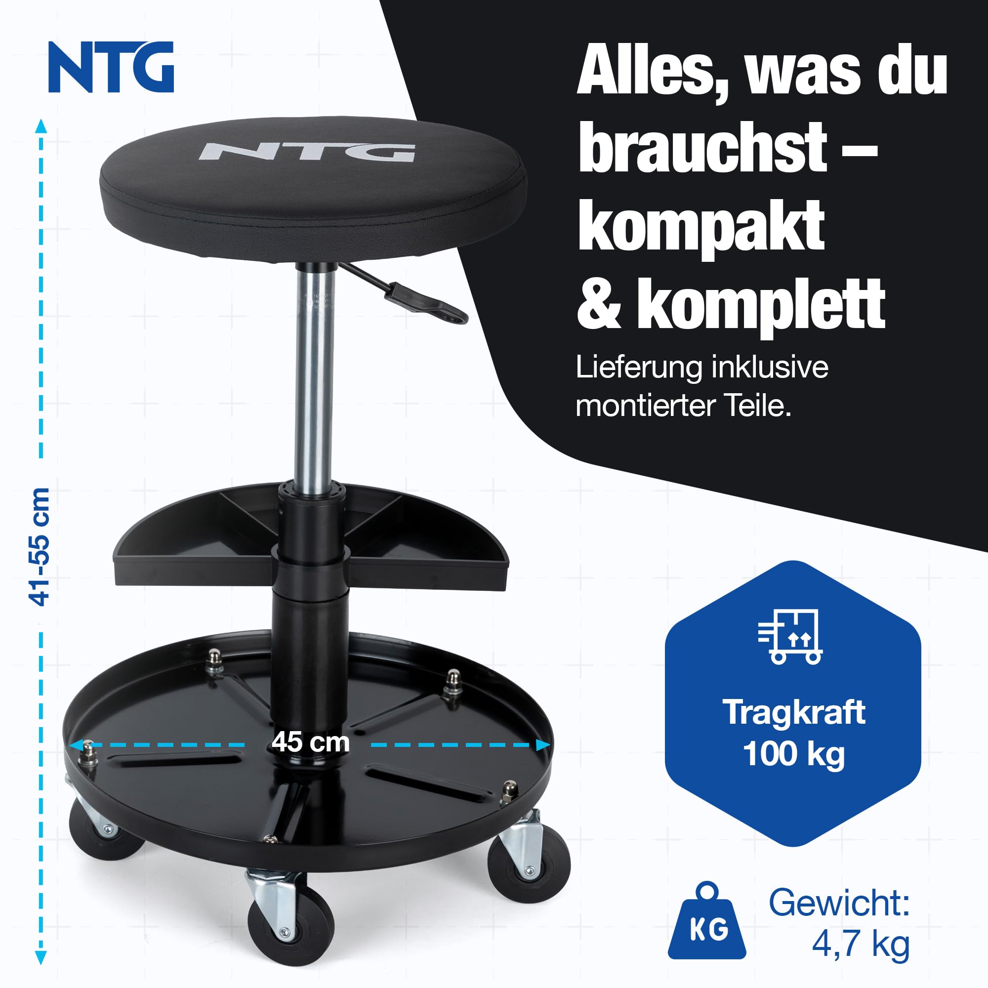 NTG Rollhocker Höhenverstellbar bis 55 cm – Werkstatthocker bis 100 kg mit 5 Rollen & Ablageschale – Drehhocker Werkstatt – Montagehocker mit PU Sitzpolster – Werkstattsitz für Garage KFZ Werkstatt
