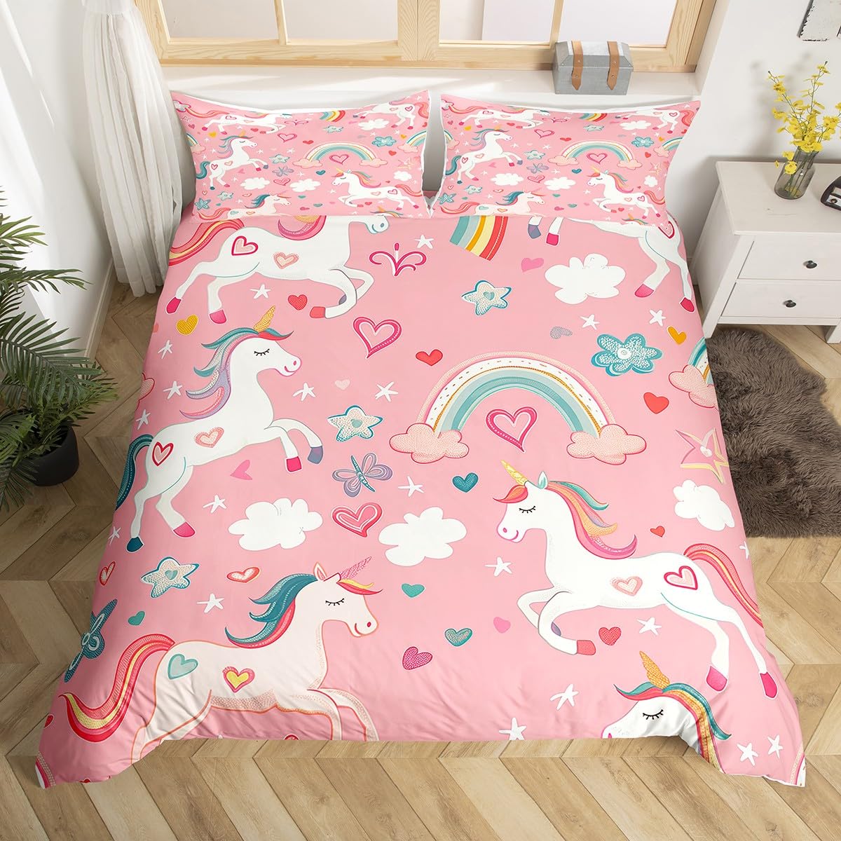 Loussiesd Unicorn Bedding Duvet Cover Set King Size Flower Bedding Set for Kids Boys Girls Decor Rainbow Butterfly Comforter Cover Set Unicorn Glitter Pink Purple Bedspread Cover
