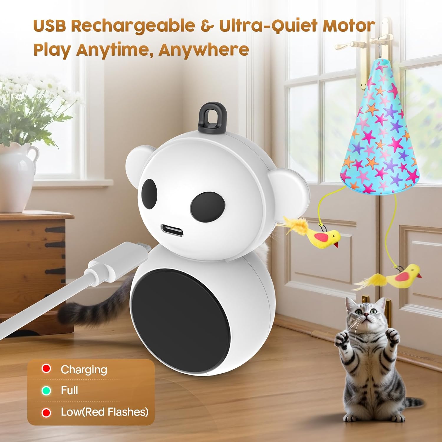 Interactive Cat Toy for Indoor Cats: 2 in1 Automatic Hide and Seek Moving Concealed Flying Bird Wand Feather with Chirping Bird Squeaky, Hanging Rechargeable Exercise Cat Toy for Kittens and Adult Cat