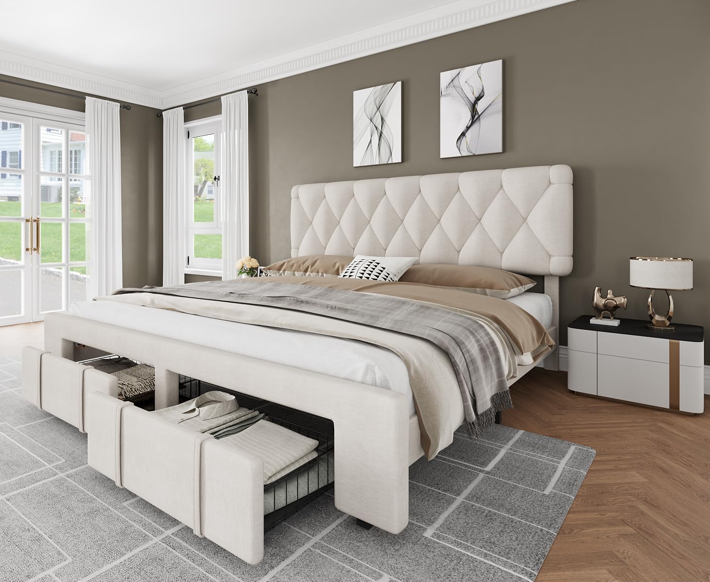 Garvee King Size Bed Frame, Upholstered Platform Bed Frame with Storage Drawers, Mattress Foundation with Solid Wooden Slats Support, No Box Spring Needed, Beige