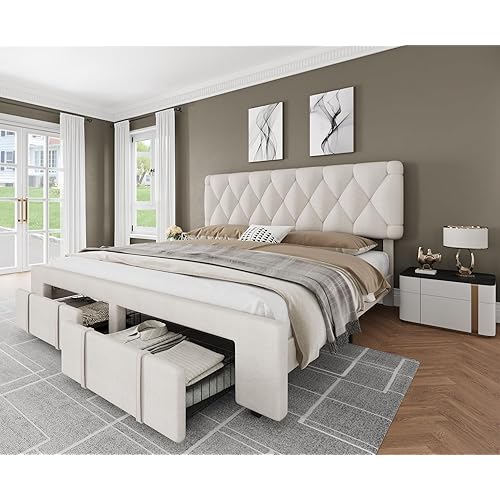 Garvee King Size Bed Frame, Upholstered Platform Bed Frame with Storage Drawers, Mattress Foundation with Solid Wooden Slats Support, No Box Spring Needed, Beige