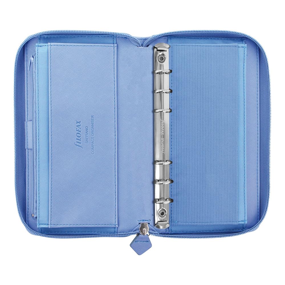 Filofax Agenda settimanale 202592-25 in saffiano con cerniera, formato compatto e personale, con vista settimanale, colore blu a grana incrociata, effetto pelle, 6 anelli