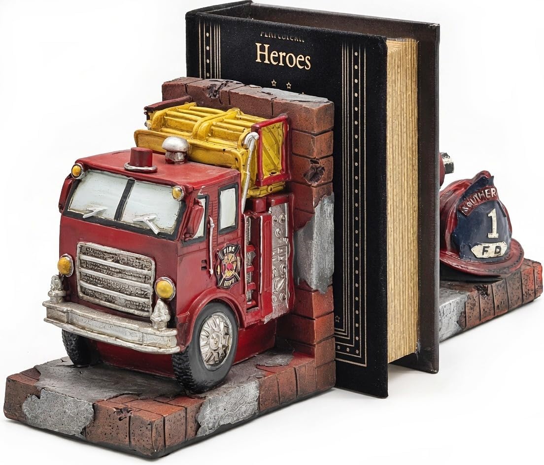 Bellaa Vintage Fire Truck Bookends - Heavy Cast Iron Book Ends for Shelves, Antique Red Home Decor, Engine Brigade Library Shelf Dividers Bookshelf Stoppers 25754