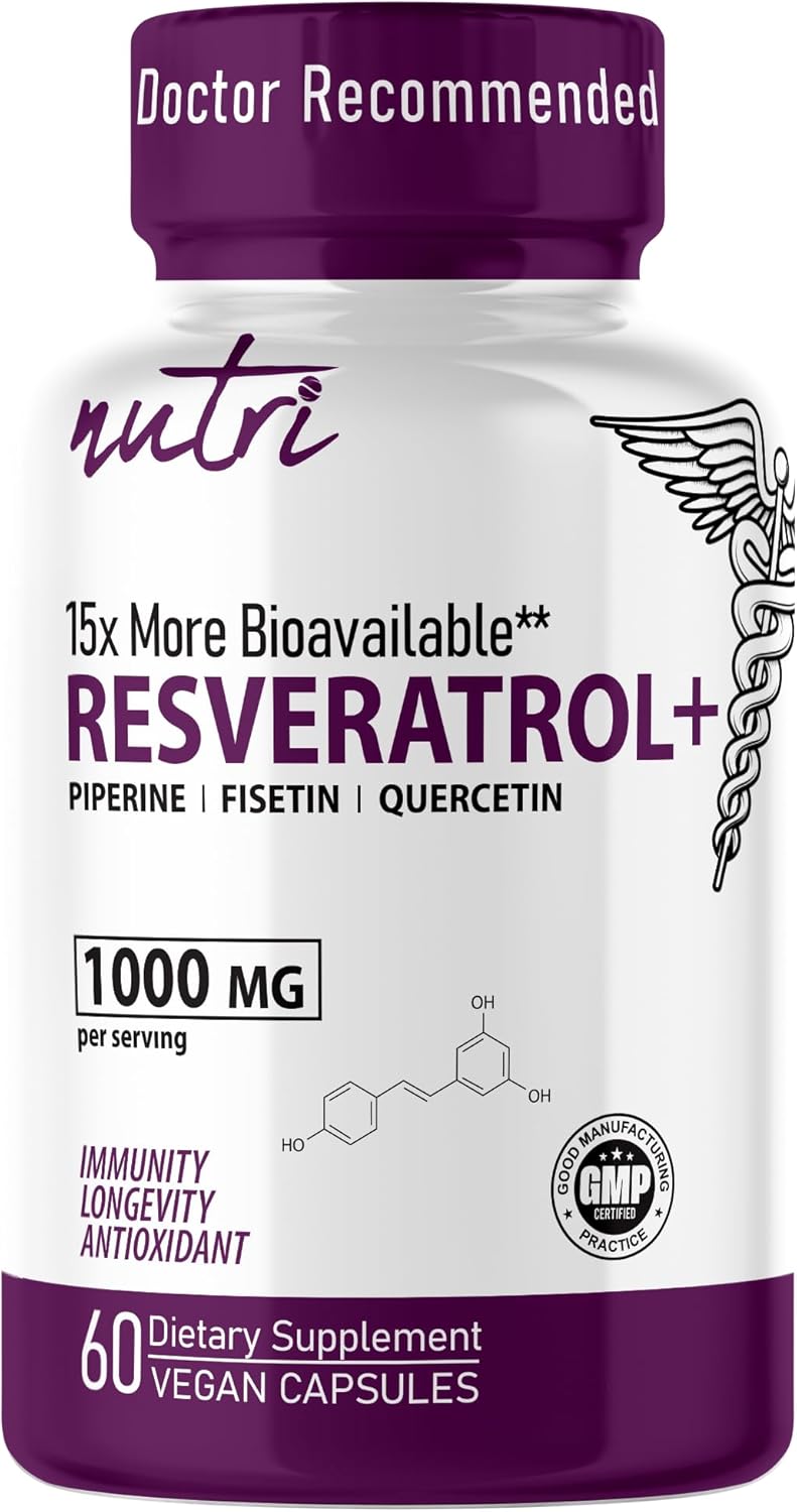 Nutri Resveratrol Supplement 1000mg Ultra High Purity Trans-Resveratrol - 15x More Bioavailable with Liposomal Quercetin and Fisetin - Antioxidant, Longevity, Organic Piperine - 60 Vegan Capsules