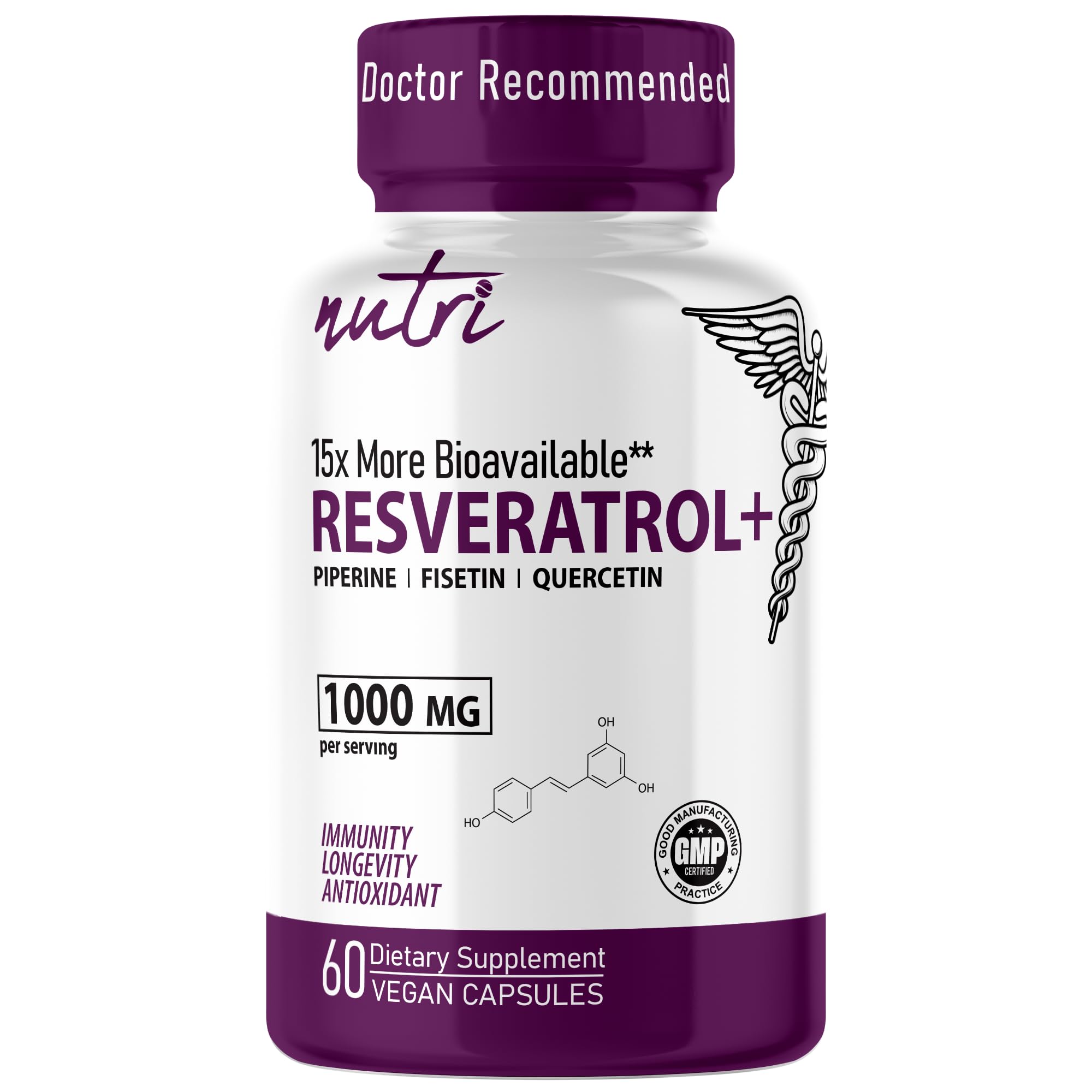 Nutri Resveratrol Supplement 1000mg (Ultra High Purity Trans-Resveratrol) - 15x More Bioavailable with Liposomal Quercetin and Fisetin - Antioxidant, Longevity, Organic Piperine - 60 Vegan Capsules