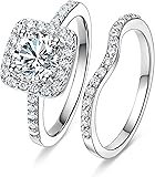 MDFUN 18K White Gold Plated Cubic Zirconia Two-in-One Halo Wedding Engagement Promise Eternity Ring for Women 4.5