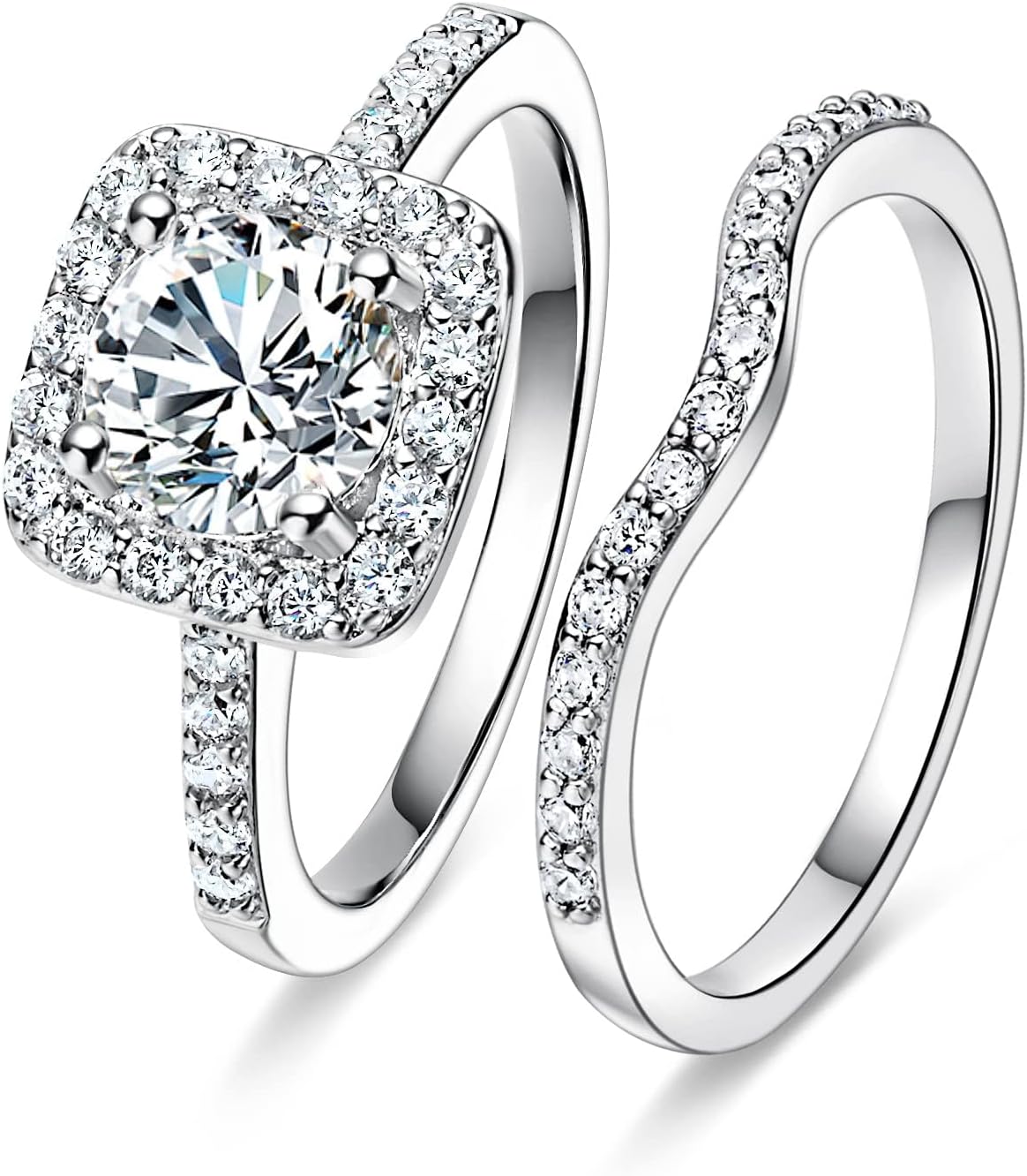 MDFUN 18K White Gold Plated Cubic Zirconia Two-in-One Halo Wedding Engagement Promise Eternity Ring for Women