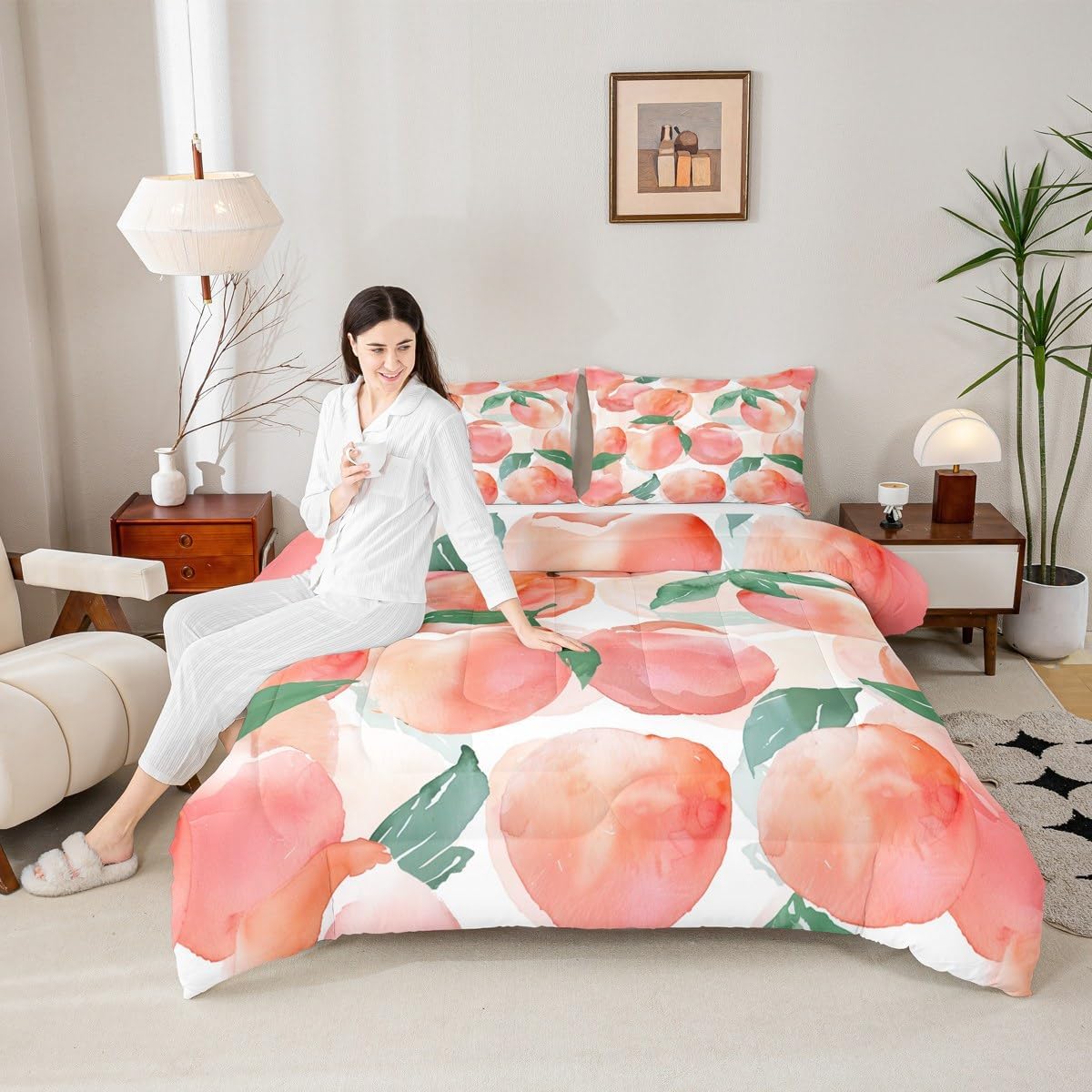 Feelyou Peach Comforter Set Watercolor Peach Leaves Comforter for Boys Girls Fruit Botanical Bedding Set Pink Duvet Set Room Decor Quilt Full Size Boys